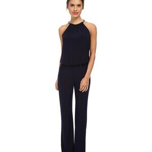 Laundry by Shelli Segal Black Open Peep Back Wide Leg Chain Halter Neck Jumpsuit